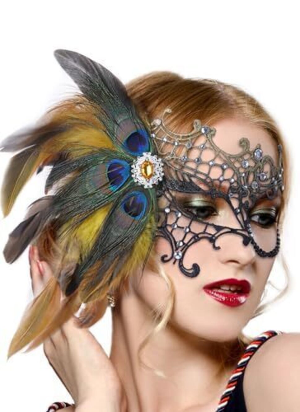2017 Halloween Masquerade Masks -2026 Black Gold Peacock Feather Lace Mask